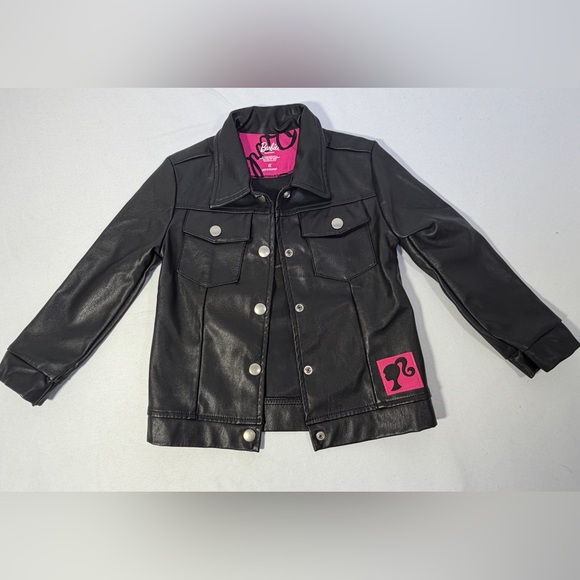 Barbie Girls Faux Leather Jacket Black Pink Logo Moto Biker Coat Size 4T - Picture 10 of 13